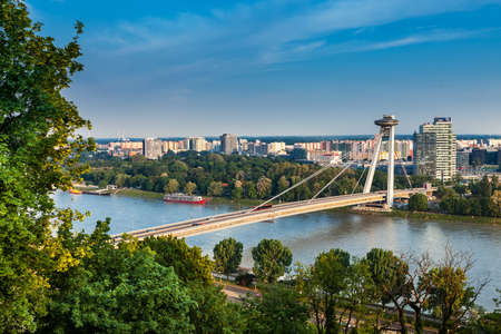 Bridge of the Slovak National Uprising, road bridge over the Danube on May 8, 2013 in Bratislava, Slovakia. It is the worldのeditorial素材