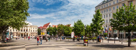 People in front of Slovak National Theater on Hviezdoslav Square in the Old Town on May 9, 2013 in Bratislava, Slovakia. It is the second oldest Slovak professional theatre.のeditorial素材
