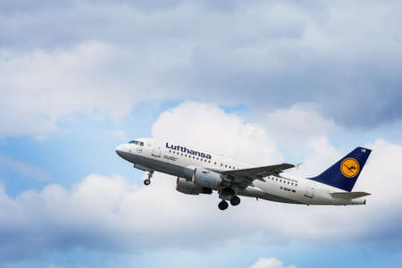 Lufthansa Airbus A319-100 on runway at Pleso Airport in Zagreb, Croatia, taking off from runway 23 のeditorial素材