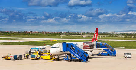 Passangers boarding Turkish Airlines airplane on Pleso airport in Zagreb, Croatiaのeditorial素材