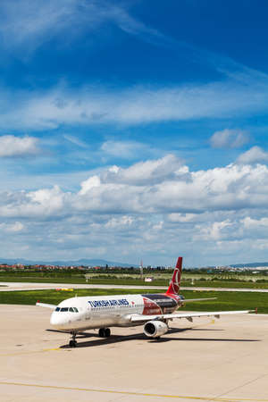 Turkish Airlines Euroleague Airbus A321-231 preparing to take off on Pleso airport in Zagreb, Croatiaのeditorial素材
