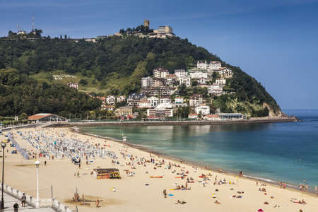  Sandy beach of La Concha in San Sebastian, Spain. With length of 1350 meters and 40 meters wide, it...