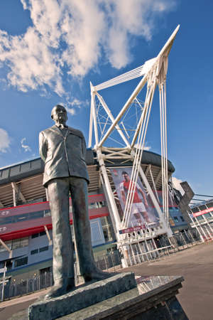 Statue honouring the late Victoria Cross holder and former Welsh Rugby Union president Sir Tasker Watkins in front of the Millennium Stadium in Cardiff. のeditorial素材