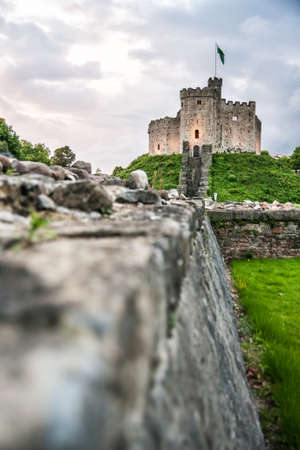 Cardiff castle, a medieval Victorian Gothic revival castle, situated in the city centre of Cardiff, Wales, United Kingdom; evening shotのeditorial素材