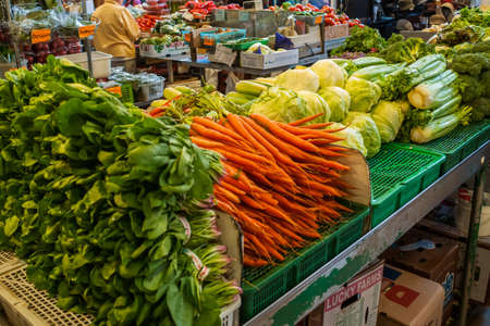 VANCOUVER, CANADA - MAY 17, 2007: Stall at Granville Island Public Market in Vancouver. The market is home to over 100 vendors offering fresh seafood, meats, sweets and European specialty foods. のeditorial素材
