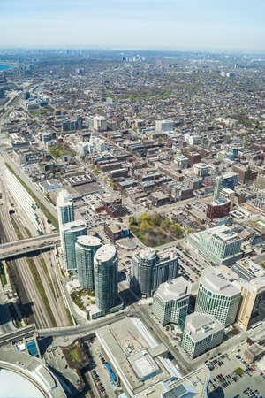 TORONTO, CANADA - MAY 7, 2007: View at downtown Toronto from CN tower. Toronto is financial capital of Canada with five largest financial institutions of Canada situated in offices in the Financial District.のeditorial素材