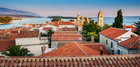 City of Rab, on an island Rab in Croatia, view at old city center during sunsetの写真素材