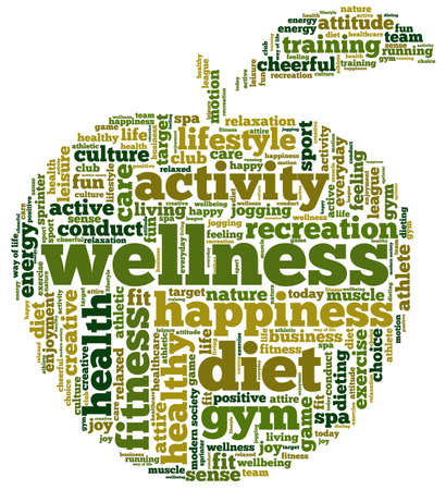 Conceptual illustration of tag cloud containing words related to diet, wellness, fitness and healthy lifestyle in the shape of an apple. Conceptual illustration of tag cloud containing words related to diet, wellness, fitness and healthy lifestyle in the shape of an apple.