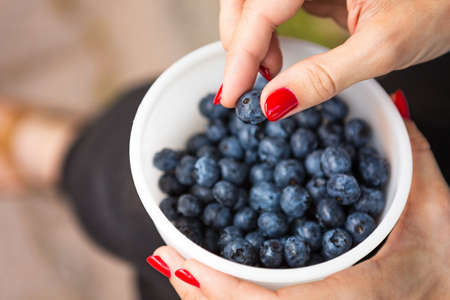 Woman's hand picking blueberries from a white plastic containerの写真素材