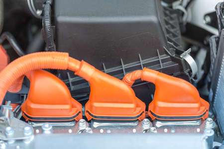 Electric conectors - engine of a hybrid car engine powered both by electric battery and gasの写真素材