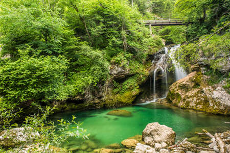 Waterfall at the Vintgar gorge, beauty of nature, with river Radovna flowing through, near Bled, Sloveniaの写真素材