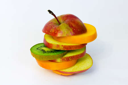 Cut apple kiwi persimmon isolated on whiteの写真素材
