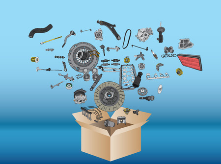 Many spare parts flying out of the box on blue backgroundのイラスト素材