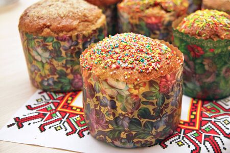 Beautiful, delicious easter cake on the table with ornament