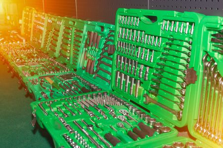 Showcase of tool store. Toolboxes and toolkit for auto serviseの写真素材