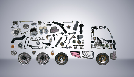 Images truck assembled from new spare parts. Cargo shop