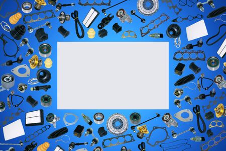 Spare auto parts car on the blue background set. Frame for advertising and assembled from auto...