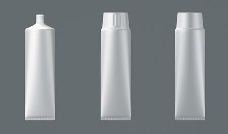 3D White glossy plastic tube for medicine or cosmetics - cream, gel, skin care, toothpaste. Realistic packaging with flip top cover isolated on background.の写真素材