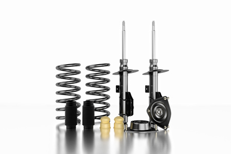 3D rendering. Passenger car Shock Absorber with dust cap, buffer mounting and strut mounting - new...