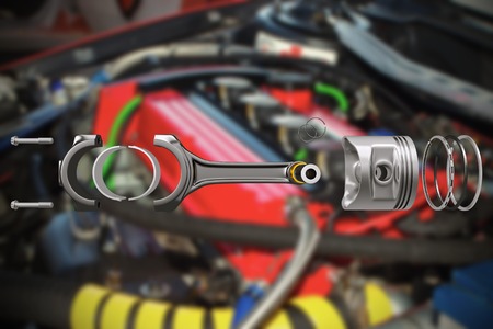 3D rendering. Engine piston with piston rings. Truck pistons on grey background. Pistons and piston rings with engine bearings.の写真素材