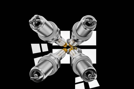 Spare parts spark plugs on black background for car and motorcycle. New auto parts spark plug. 3D...