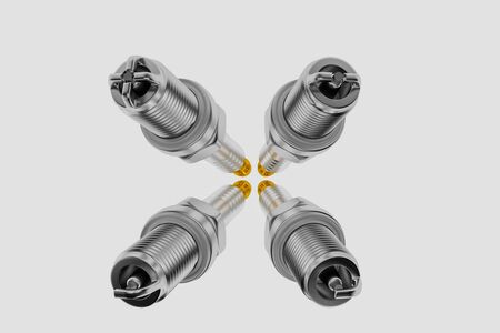 Spare parts spark plugs on white background for car and motorcycle. New auto parts spark plug. 3D...