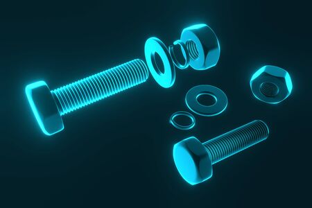 Bolts, nuts, washers, growers on a white background 3D rendering