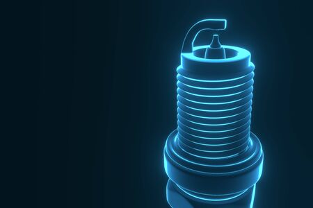 Spare parts spark plugs on blue background for car and motorcycle. New auto parts spark plug. 3D...