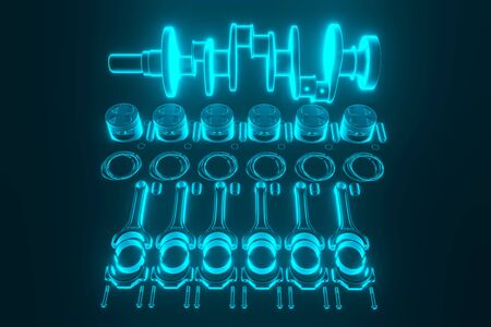 3D rendering. Crankshaft for 6v cylinders engine. Truck crankshaft on blue background. Engine bearing crankshaft with pistons and piston rings.の写真素材