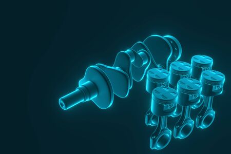 3D rendering. Crankshaft for 6v cylinders engine. Truck crankshaft on blue background. Engine bearing crankshaft with pistons and piston rings.の写真素材