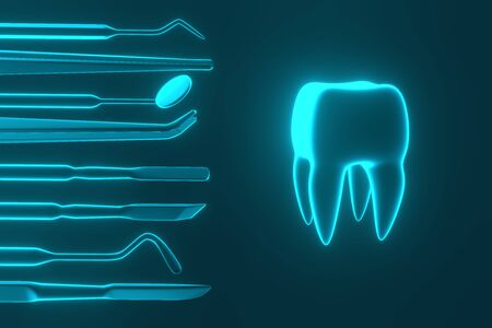 Image of a tooth on a blue background with a dentists tools. Dentist set tools for inspect of the teeth. 3D rendering.の写真素材