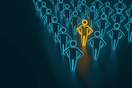 Concept leader of the business team indicates the direction of the movement towards the goal. Crowd of blue men goes for the leader of the gold color. 3D renderingの写真素材