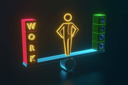 The balance of work and life. Figurine of a businessman standing on the scales, on the one hand...
