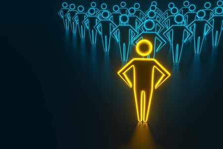 Concept leader of the business team indicates the direction of the movement towards the goal. Crowd of blue men goes for the leader of the gold color. 3D renderingの写真素材