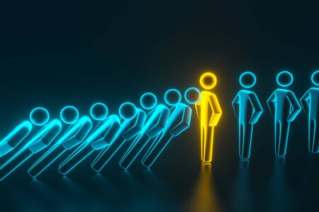 Concept of domino effect in business. Fall of the crumbling business is saved by special employee leader. The line of dominoes from the blue figures of the man is falling, one gold man stops the fall. 3d renderingの写真素材