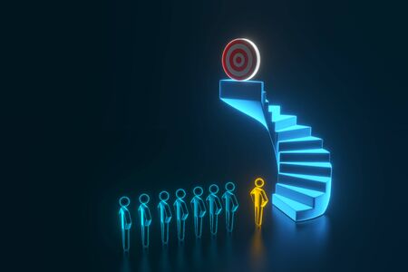 3d team businessman going to the target on top of the stairs. The concept of the start of work and...