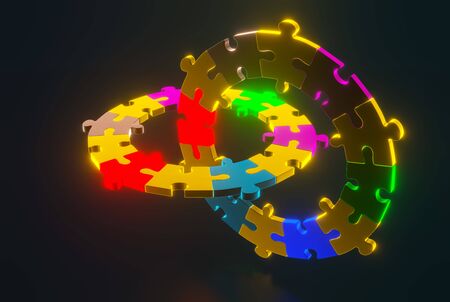 Four human 3d figures are holding pieces of a puzzle in their hands. Teamwork concept 3d people. 3d renderingの写真素材