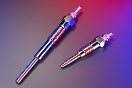Two types of auto parts glow plug on a multicolored background. Spare part for the car engine. 3d...