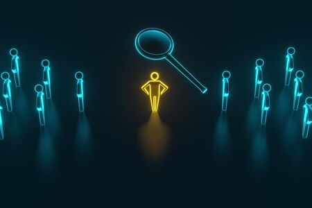 Looking At Colorful Pawns With Magnifying Glass On The Reflective Desk. Selection and search for a top employee or client. 3D renderingの写真素材