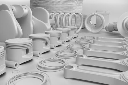 3D rendering. Crankshaft for 6v cylinders engine. Truck crankshaft on grey background. Engine bearing crankshaft with pistons and piston rings.の写真素材