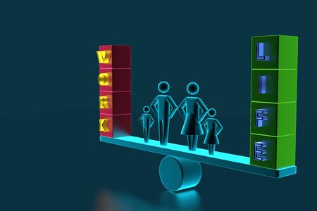 Couple Protecting Work And Life Balance With Family Figures Standing Between Them On Seesaw. 3d person Father, mother, son and daughter family 3D renderingの写真素材