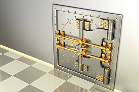 Front view of light gold bank vault door, closed. The door to the bank vault with a lot of secret mechanisms and passwords. 3D Renderの写真素材