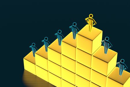 View through a magnifying glass at 3d businessmen. 3d Figures of people who stand on cubes in the form of a ladder. 3d renderingの写真素材