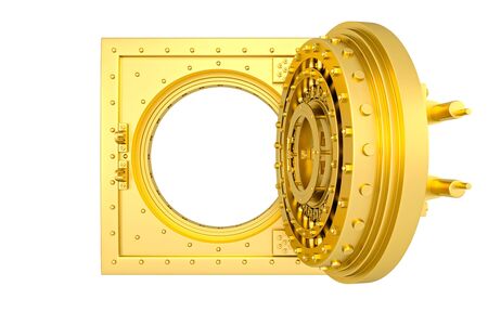 Front view of light gold bank vault door, open. The door to the bank vault isolated on white background. 3D Renderの写真素材