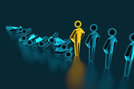 Concept of domino effect in business. Fall of the crumbling business is saved by special employee leader. The line of dominoes from the blue figures of the man is falling, one gold man stops the fall. 3d renderingの写真素材