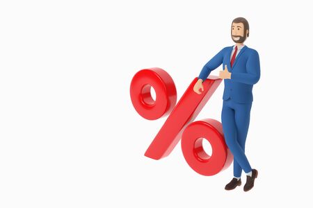 A drawn cartoon businessman leans on a big red percentage symbol. Businessman in a suit with a smile on his face. 3D renderingの写真素材