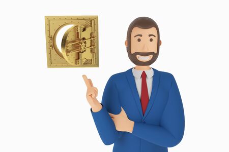 Cartoon character, businessman in suit with pointing finger at vault door. Concept icon with bank, security and vault door. 3d renderingの写真素材