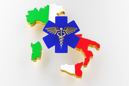 Caduceus sign with snakes on a medical star. Map of Italy land border with flag. Italy map on white background. 3d renderingの写真素材