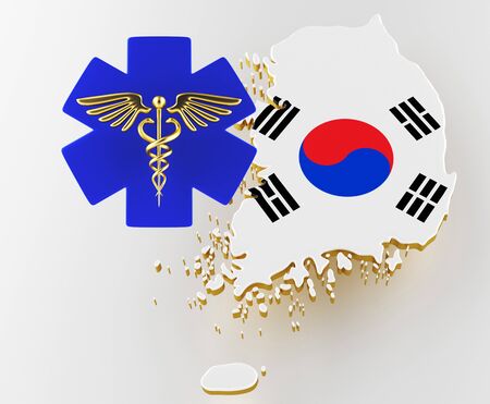 Caduceus sign with snakes on a medical star. Map of Korea land border with flag. Korea map on white background. 3d renderingの写真素材