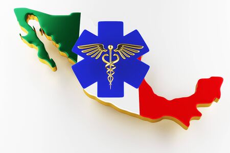 Caduceus sign with snakes on a medical star. Map of Mexico land border with flag. Mexico map on white background. 3d renderingの写真素材